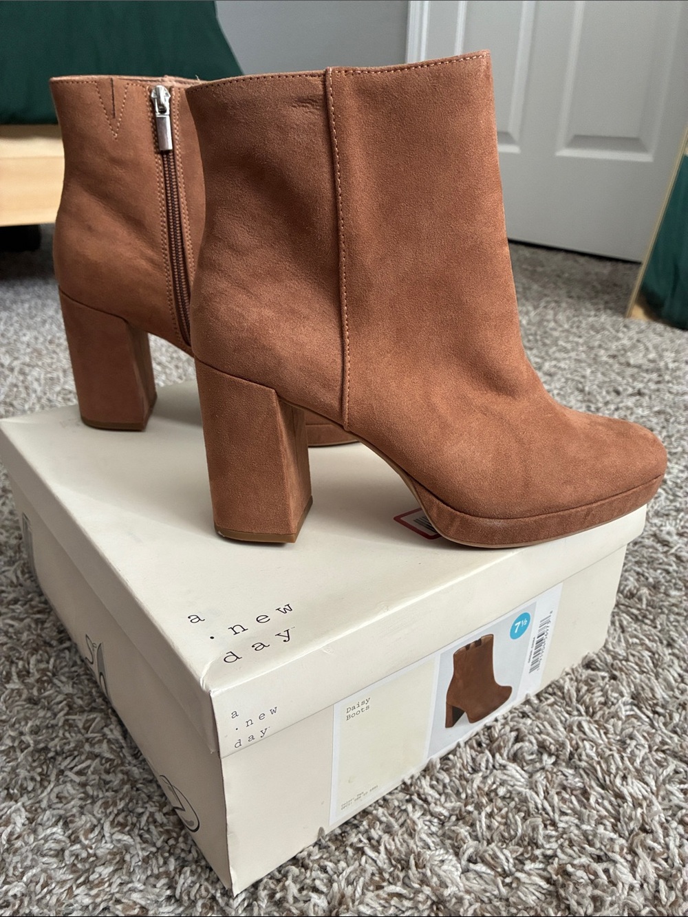 A New Day Tan Suede Block Heel Ankle Boots